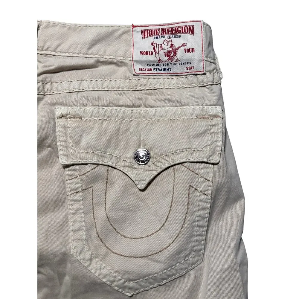Vintage True Religion Straight Jeans Mens 38 Khaki Denim 5-Pocket Logo Outdoor